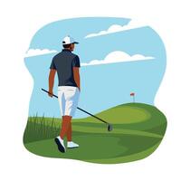 Man Golfer Player Cartoon Character Walking Playing Golf Sport on the Field in Bright Sky vector