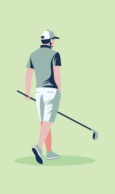 Flat Design Illustration of Man Golfer Player Character Walking Holding Golf Stick