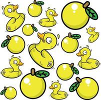 a cartoon duck and apples in a pattern vector