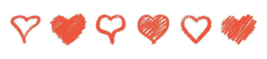 Red crayon heart collection with textured effect - hand drawn romantic shapes in sketchy style vector