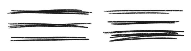 Black crayon textured lines with grunge effect - rough horizontal brush strokes of varying length in inky charcoal shade vector