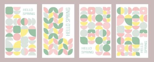 Hello Spring. Nature. Set of spring modern backgrounds with minimalist geometric flowers. four banners with different designs on them vector
