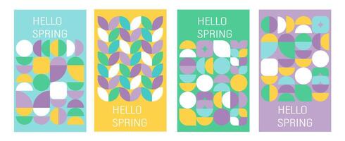 Hello Spring. Nature. Set of spring modern backgrounds with minimalist geometric flowers. four banners with the words hello spring vector