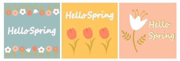 Hello Spring. Nature. Set of spring modern backgrounds with minimalist geometric flowers. Flat trendy design. Abstract template for poster, branding, banners with the words hello spring vector