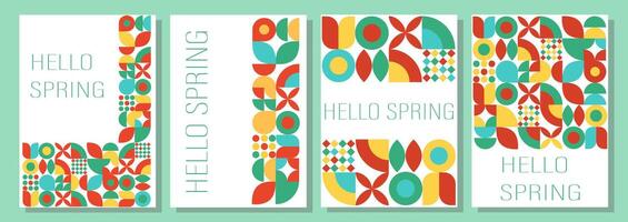 spring modern backgrounds with minimalist geometric flowers. Flat trendy design. Abstract template for poster, branding, ads, card, four banners with colorful patterns and the words hello spring vector