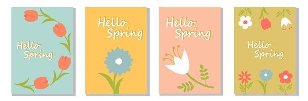 Hello Spring. Nature. Set of spring modern backgrounds with minimalist geometric flowers. four banners with flowers and the words hello spring vector