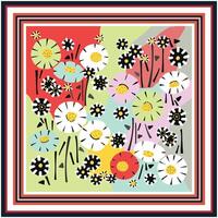 Colorful square scarf print stylized flowers with geometric patterns on a red, green, and beige background, framed by stripes. vector