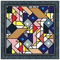 Square scarf print, colorful geometric abstract art with patterned border. vector