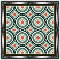 Geometric square scarf print pattern with concentric circles and red dots, framed by a tribal-inspired border. vector