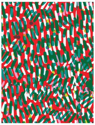 Abstract painting with overlapping red, green, and blue brush strokes on a white background.
