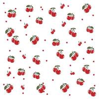 Pattern of red cherries with green leaves on a white background. vector
