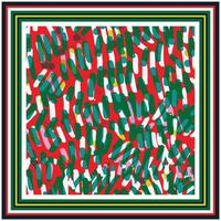 Abstract square scarf, print artwork featuring overlapping green, red, and blue brush strokes within a multicolored frame. vector