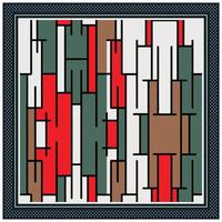 Abstract geometric square scarf print pattern with overlapping vertical rectangles in red, green, brown, and white, framed by polka dots. vector