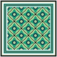 Geometric pattern square shape scarf with real diamonds, green waves, and blue circles within a striped frame. vector