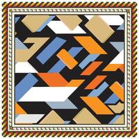 Abstract square print scarf, geometric pattern with a colorful assortment of shapes and a decorative border. vector