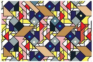 Abstract colorful geometric pattern with triangles and squares, some with textured fills. vector