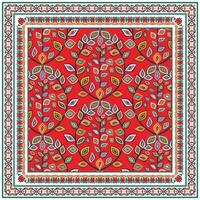 Decorative print scarf pattern with leaf motifs in red, green, and yellow, framed by an intricate border. vector