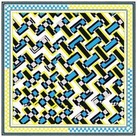 Colorful geometric square print scarf, pattern with zigzag lines in blue, yellow, black, and white with a dotted border. vector