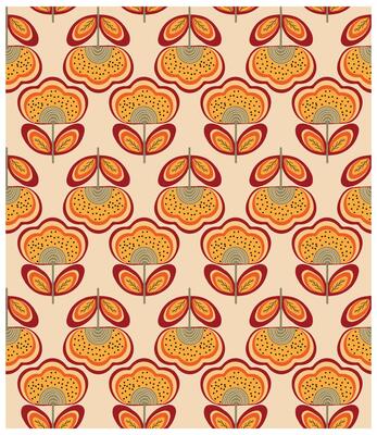 repeat retro floral print pattern in shades of orange and red on a beige background.