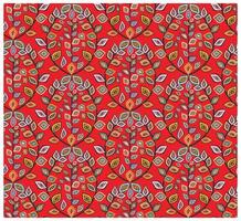 Vibrant red background with stylized autumn leaves pattern in yellow, black, and white. vector