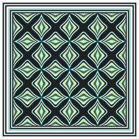 Geometric square print scarf pattern with diamond and hourglass shape in green and beige on a black background. vector