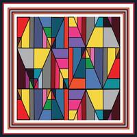 Abstract geometric square print scarf, multicolored stained-glass pattern with a triple-border frame. vector