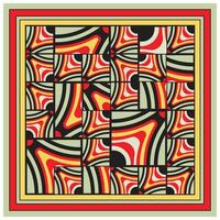 Abstract artwork with repetitive red and black swirl patterns on a cream background, enclosed in a multicolored frame. vector