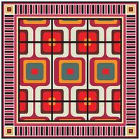A square geometric scarf, print pattern with a retro design and vibrant colors on a grid layout. vector