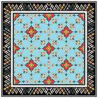 A vibrant square print scarf, pattern with mandala flowers on a light blue background framed by an intricate, geometric border. vector