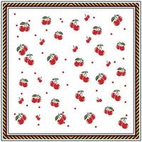 Square line border with cherry print scarf, pattern of red cherries with green leaves on a white background, framed by a colorful geometric border. vector