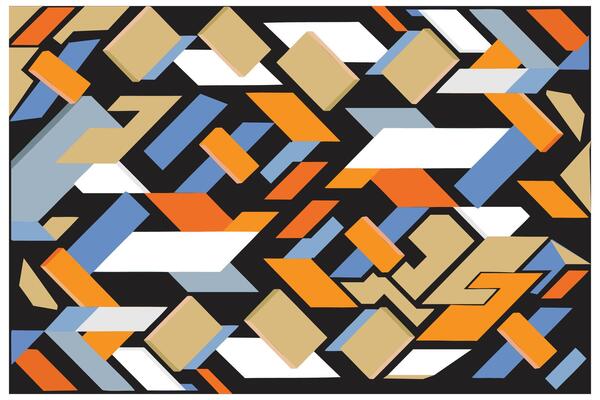Abstract geometric pattern with overlapping squares and rectangles in blue, orange, and beige.