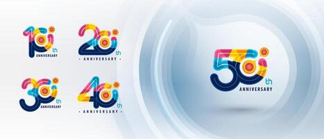 10, 20, 30, 40, 50 year Anniversary logo design, Ten to Fifty years Colorful Logo for Celebration, Abstract Atom Molecule structure particle vector