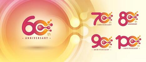 60, 70, 80, 90, 100 year Anniversary logotype design, Sixty to Hundred years Logo for Celebration, Abstract Red Molecule structure particle Atom. vector