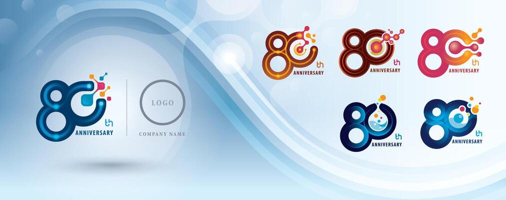 Set of 80th Anniversary logotype design, Eighty years Celebrate Logo for celebration, Abstract Molecule structure Connected. Chemistry Science