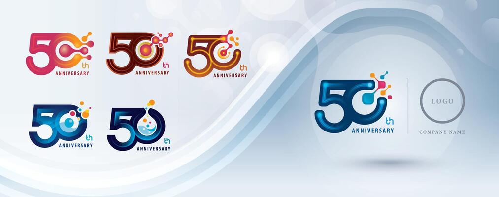 Set of 50th Anniversary logotype design, Fifty years Celebrate Logo for celebration, Abstract Molecule structure Connected. Chemistry Science
