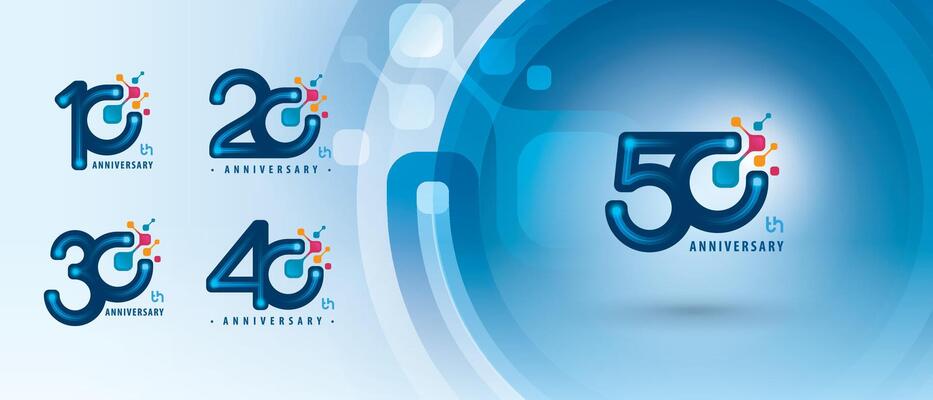 10, 20, 30, 40, 50 year Anniversary logotype, Ten to Fifty years Anniversary Logo for Celebration, Abstract Blue Atoms Molecule structure particle