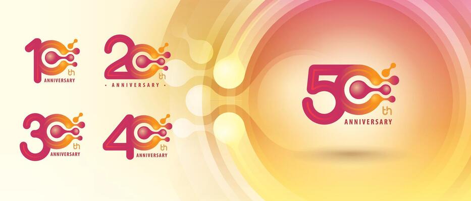 10, 20, 30, 40, 50 year Anniversary logo design, Ten to Fifty years Anniversary Logo for Celebration, Abstract Red Molecule Atom structure particle