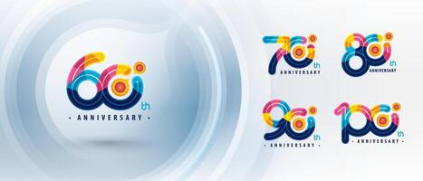 60, 70, 80, 90, 100 year Anniversary logotype, Sixty to Hundred years Colorful Logo for Celebration, Abstract Atom Molecule structure particle vector