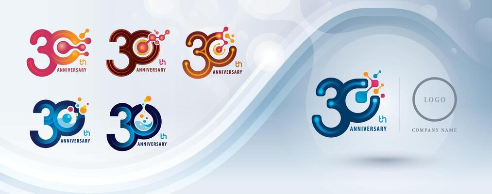 Set of 30th Anniversary logotype design, Thirty years Celebrate Logo for celebration, Abstract Molecule structure Connected. Chemistry Science