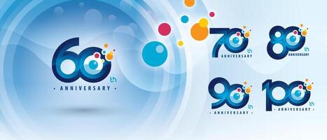 60, 70, 80, 90, 100 year Anniversary logotype design, Sixty to Hundred years Logo for Celebration, Colorful Atom Molecule structure particle vector