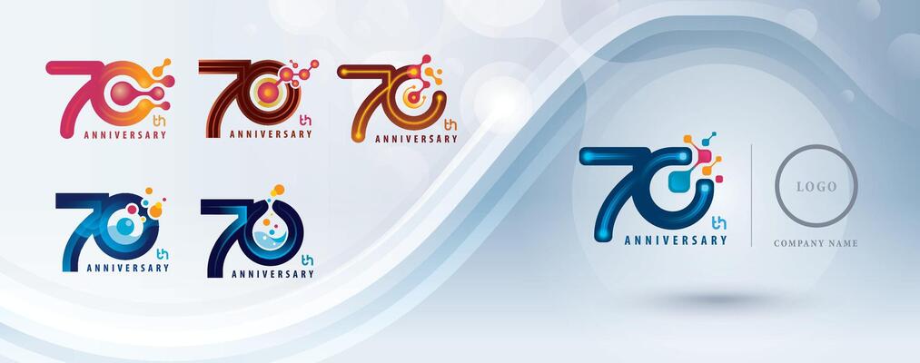 Set of 70th Anniversary logotype design, Seventy years Celebrate Logo for celebration, Abstract Molecule structure Connected. Chemistry Science