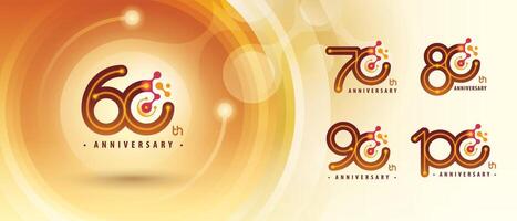 60, 70, 80, 90, 100 year Anniversary logotype design, Sixty to Hundred years Logo for Celebration, Abstract Red Atoms Molecule structure particle. vector