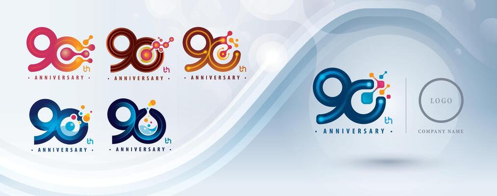 Set of 90th Anniversary logotype design, Ninety years Celebrate Logo for celebration, Abstract Molecule structure Connected. Chemistry Science