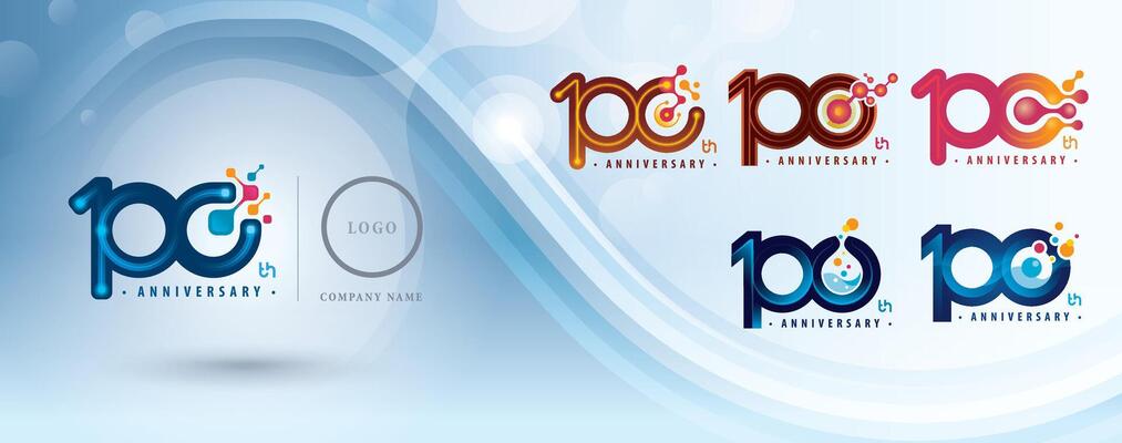 Set of 100th Anniversary logotype design, Hundred years Celebrate Logo for celebration, Abstract Molecule structure Connected. Chemistry Science