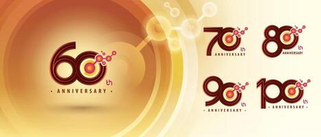 60, 70, 80, 90, 100 year Anniversary logotype design, Sixty to Hundred years Logo for Celebration, Abstract Red Atom Molecule structure particle vector