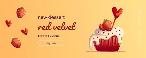 A vibrant banner featuring a Red Velvet cupcake with white frosting, red sprinkles, and a juicy strawberry on top. The design includes text, making it perfect for dessert promotions, bakery ads. vector
