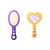 Oval comb brush and heart shaped mirror. Element for design on white background. Isolated illustration. vector