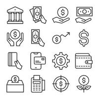 A set of money related icons including a bank, a wallet, a phone, a calculator vector