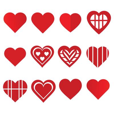 Red Heart Icon Set with Geometric and Decorative Patterns