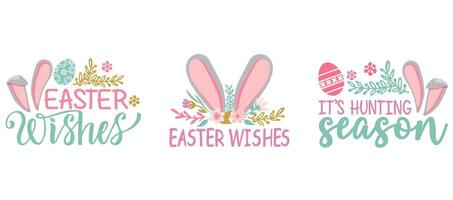 Easter phrases. Text greeting card templates with Easter eggs, bunny ears and spring flowers. Set of hand drawn lettering. Happy Easter lettering vector